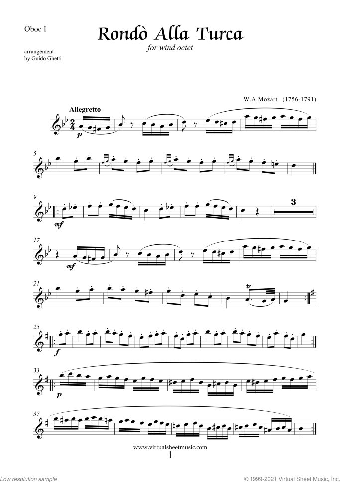 Rondo "Alla Turca" - Turkish March (parts) sheet music for wind octet by Wolfgang Amadeus Mozart, classical score, intermediate/advanced skill level