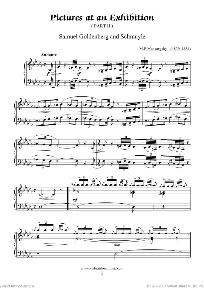 Pictures at an Exhibition sheet music for piano solo by Modest Petrovic Mussorgsky, classical score, intermediate/advanced skill level