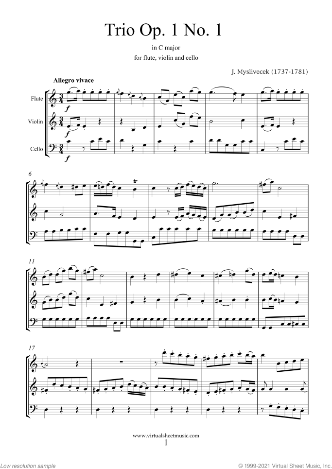 Trio Op.1 No.1 (f.score) sheet music for flute, violin and cello by Josef Mysliwecek, classical score, intermediate skill level