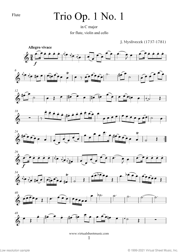 Trio Op.1 No.1 (parts) sheet music for flute, violin and cello by Josef Mysliwecek, classical score, intermediate skill level
