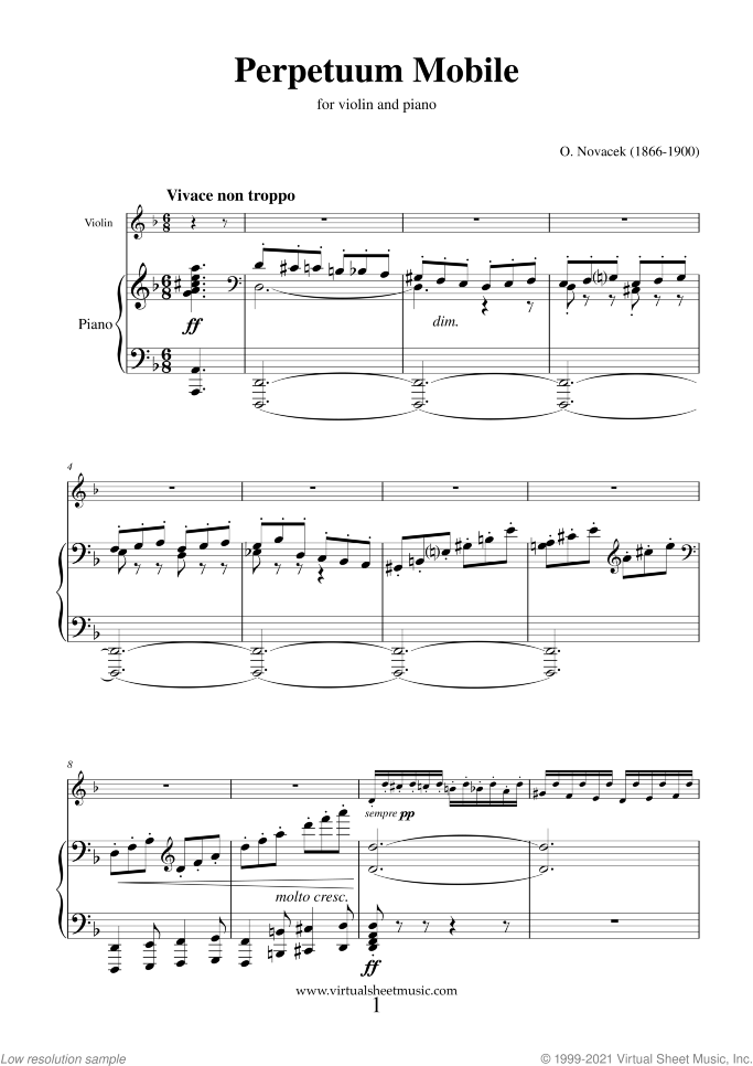 Perpetuum Mobile sheet music for violin and piano by Ottokar Novacek, classical score, advanced skill level