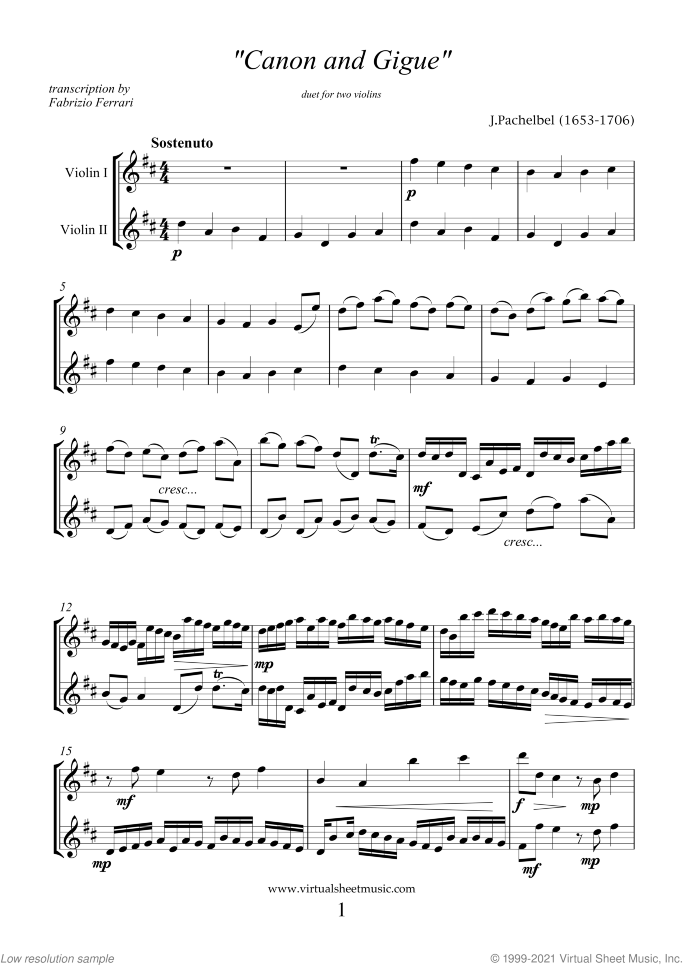 Canon in D and Gigue sheet music for two violins by Johann Pachelbel, classical wedding score, intermediate/advanced duet