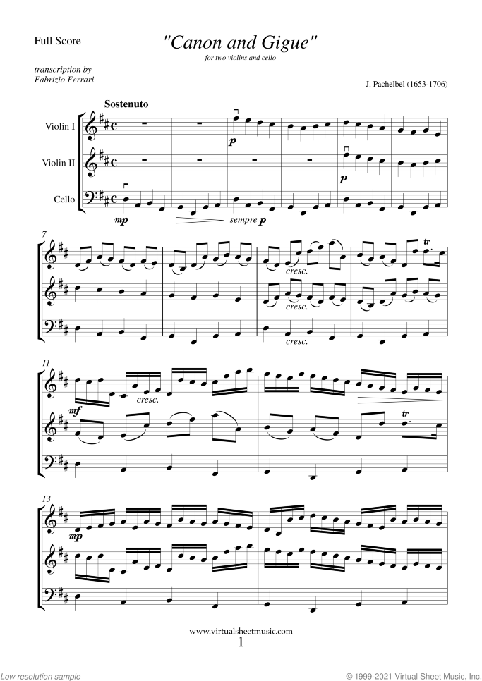 Canon in D and Gigue (f.score) sheet music for two violins and cello by Johann Pachelbel, classical wedding score, intermediate skill level