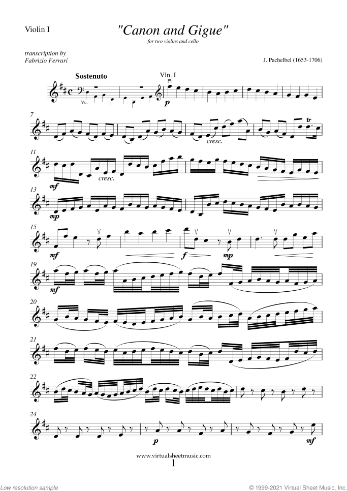 Canon in D and Gigue (parts) sheet music for two violins and cello by Johann Pachelbel, classical wedding score, intermediate skill level