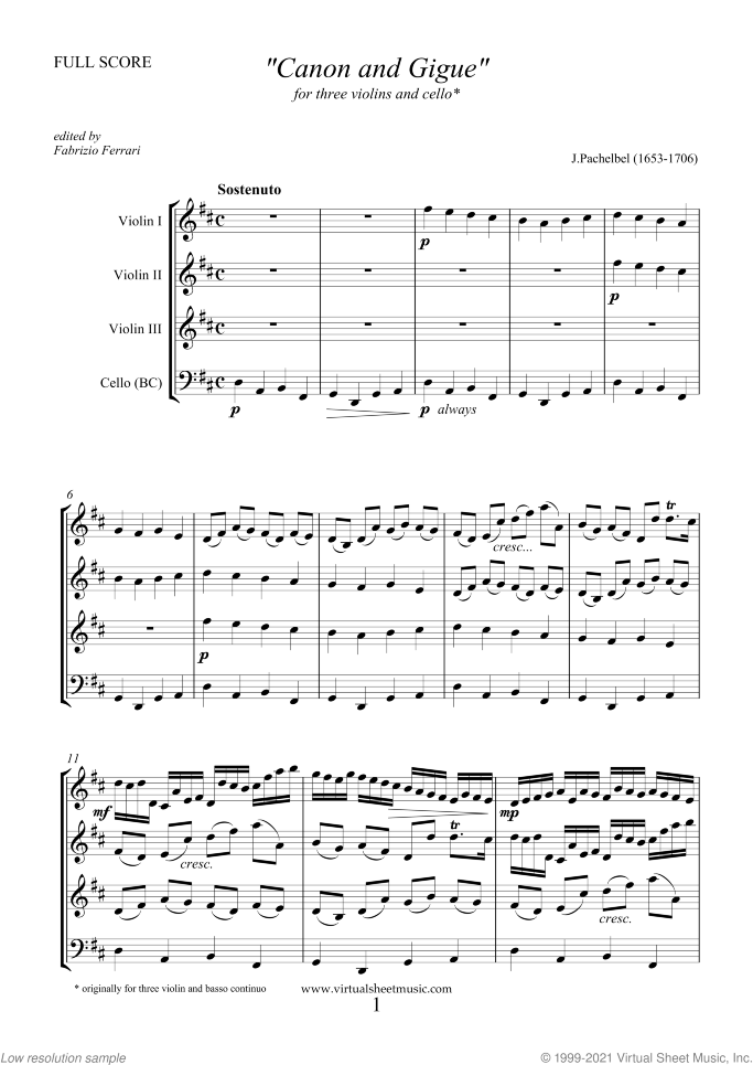 Canon in D and Gigue (f.score) sheet music for three violins and cello by Johann Pachelbel, classical wedding score, intermediate skill level