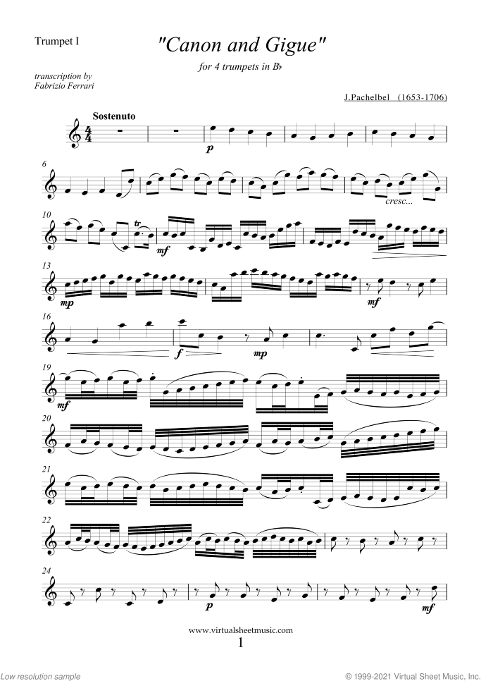 Canon in D and Gigue sheet music for four trumpets by Johann Pachelbel, classical wedding score, advanced skill level
