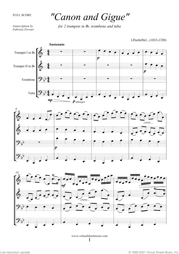 Canon in D and Gigue (f.score) sheet music for brass quartet by Johann Pachelbel, classical wedding score, advanced skill level