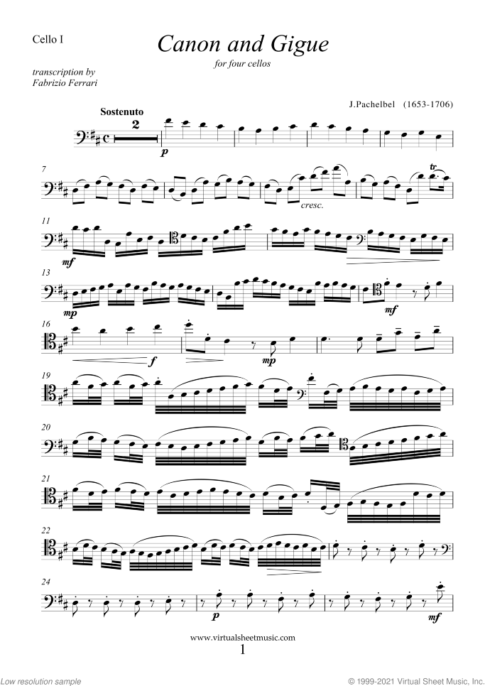 Canon in D and Gigue sheet music for four cellos by Johann Pachelbel, classical wedding score, intermediate skill level