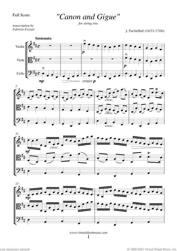 Canon in D and Gigue (f.score) sheet music for string trio by Johann Pachelbel, classical wedding score, intermediate skill level