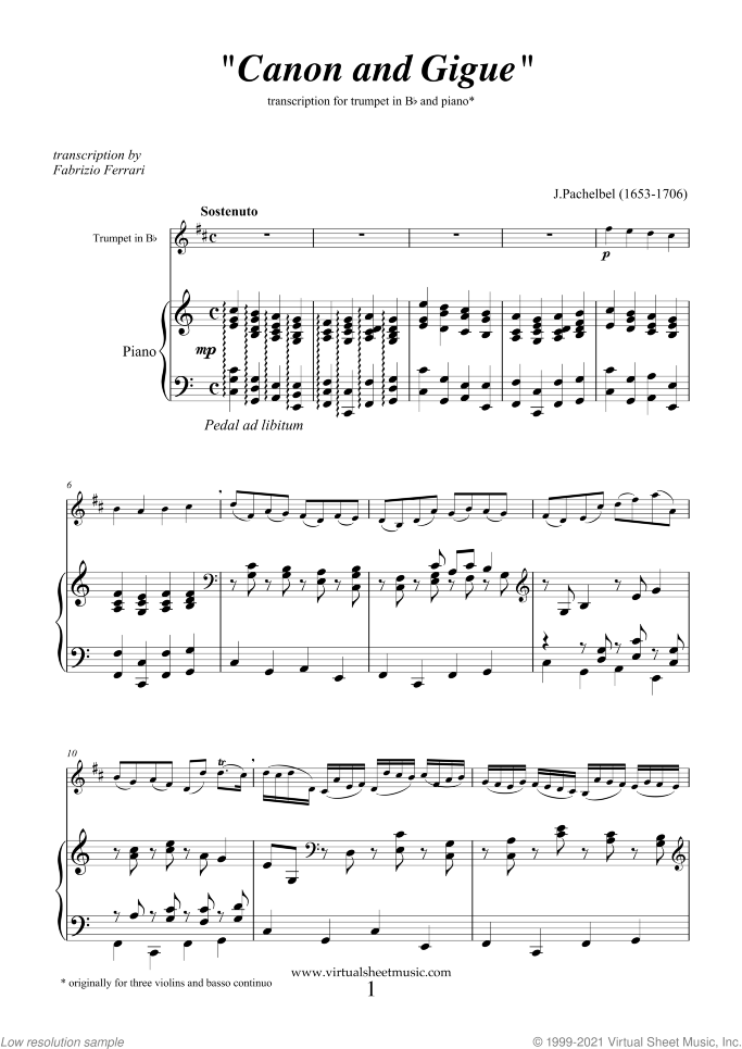 Canon in D and Gigue sheet music for trumpet and piano by Johann Pachelbel, classical wedding score, advanced skill level
