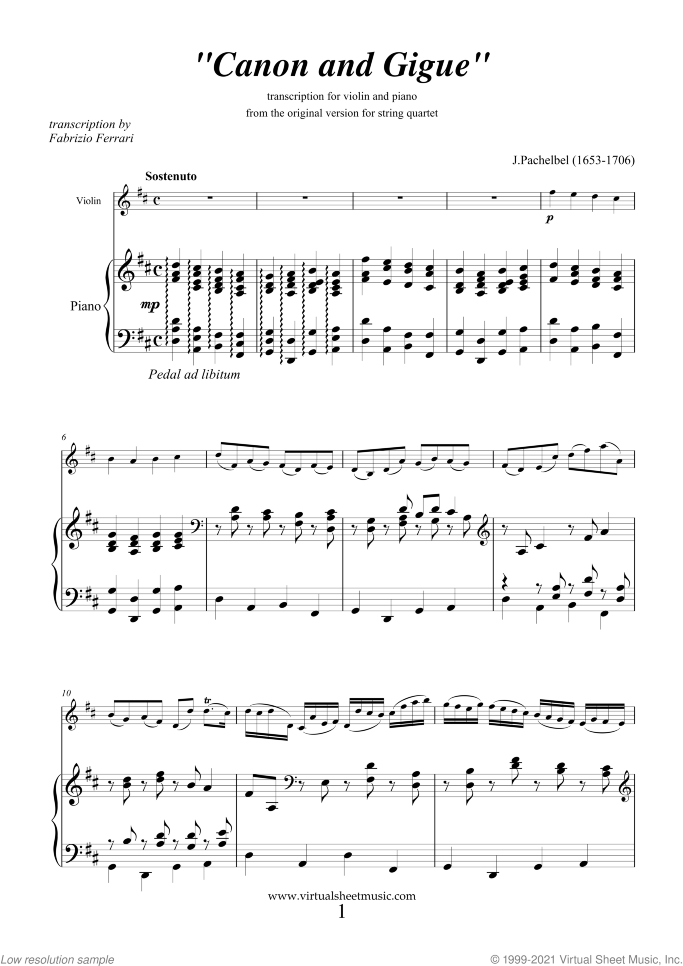 Canon in D and Gigue sheet music for violin and piano by Johann Pachelbel, classical wedding score, intermediate/advanced skill level