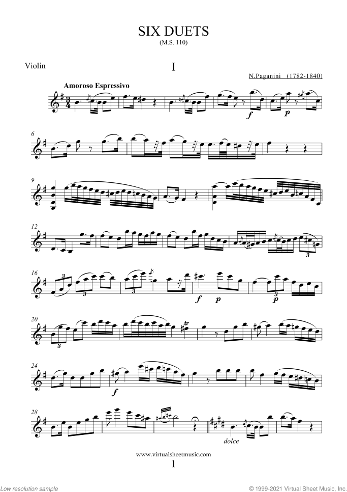 Six Duets sheet music for violin and guitar by Nicolo Paganini, classical score, intermediate duet