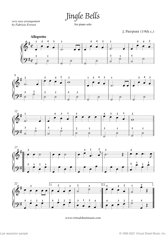 Jingle Bells sheet music for piano solo by James Pierpont, beginner skill level