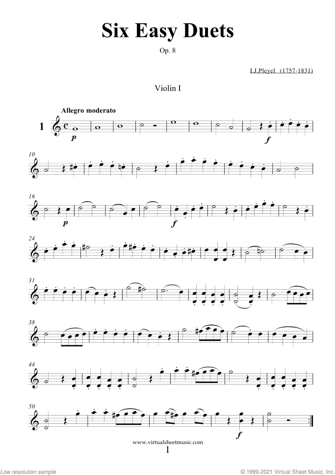 Six Easy Duets Op.8 sheet music for two violins by Ignaz Joseph Pleyel, classical score, easy duet
