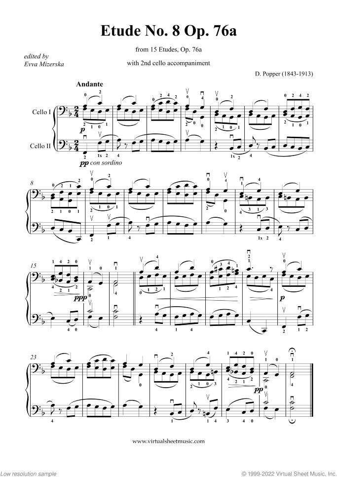 Etude No. 8 Op. 76a sheet music for cello solo (with 2nd cello accompaniment) by David Popper, classical score, intermediate cello (with 2nd cello accompaniment)