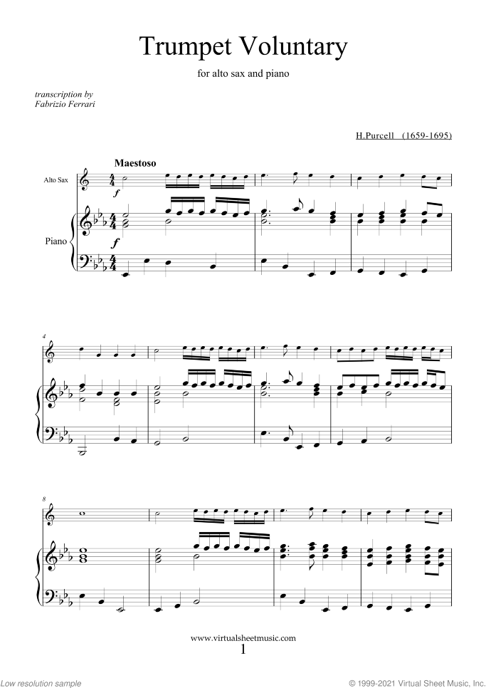 Trumpet Voluntary and Hornpipe sheet music for alto saxophone and piano by Henry Purcell, classical wedding score, easy/intermediate skill level