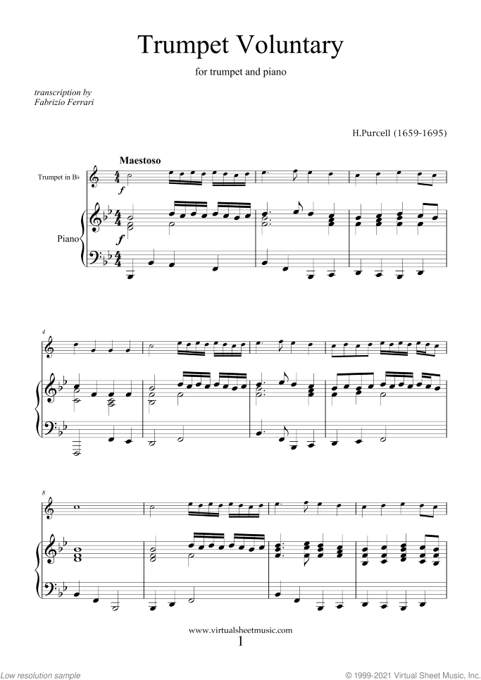 Trumpet Voluntary and Hornpipe sheet music for trumpet and piano by Henry Purcell, classical wedding score, easy/intermediate skill level