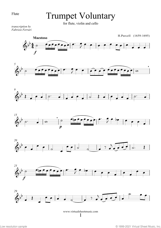 Trumpet Voluntary and Hornpipe sheet music for flute, violin and cello by Henry Purcell, classical wedding score, easy/intermediate skill level