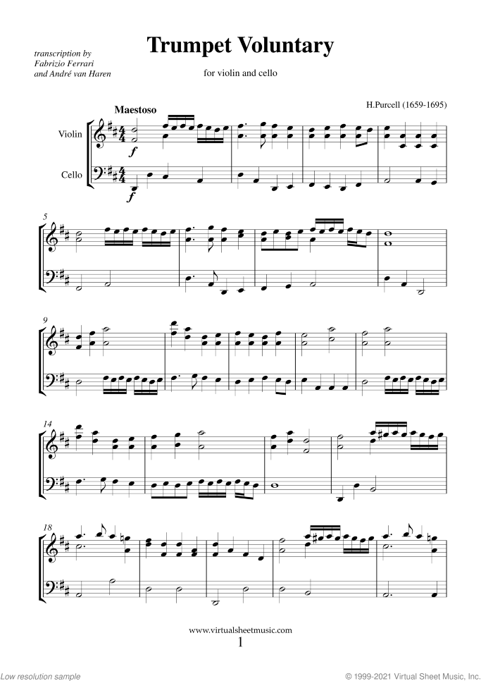Trumpet Voluntary and Hornpipe sheet music for violin and cello by Henry Purcell, classical wedding score, intermediate duet