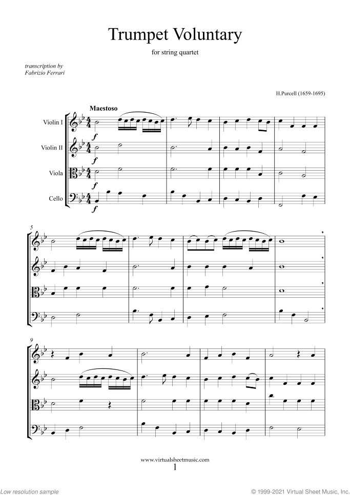 Trumpet Voluntary and Hornpipe (f.score) sheet music for string quartet by Henry Purcell, classical wedding score, easy/intermediate skill level