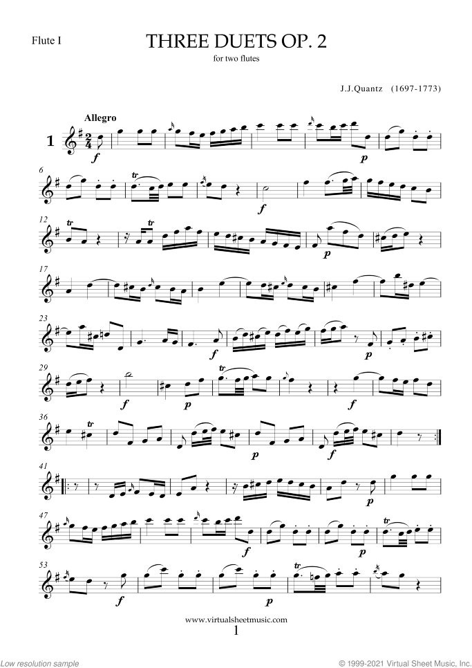 Three Duets Op.2 sheet music for two flutes by Johann Joachim Quantz, classical score, intermediate duet