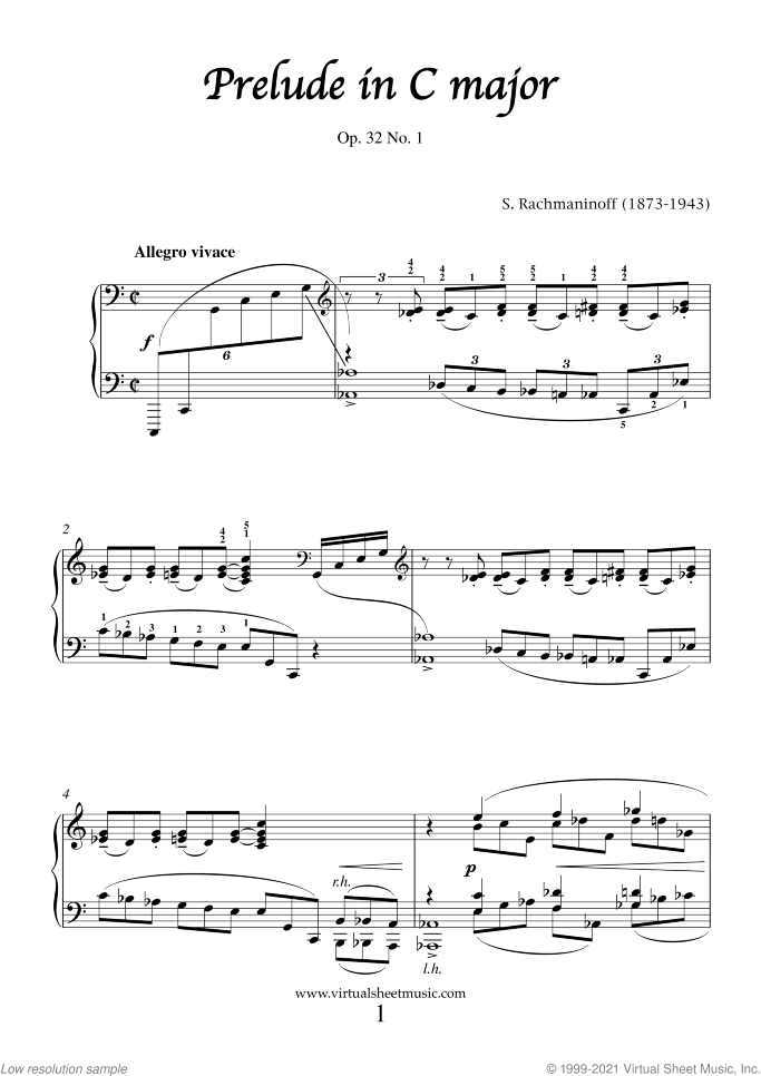 Prelude in C major Op.32 No.1 sheet music for piano solo by Serjeij Rachmaninoff, classical score, advanced skill level