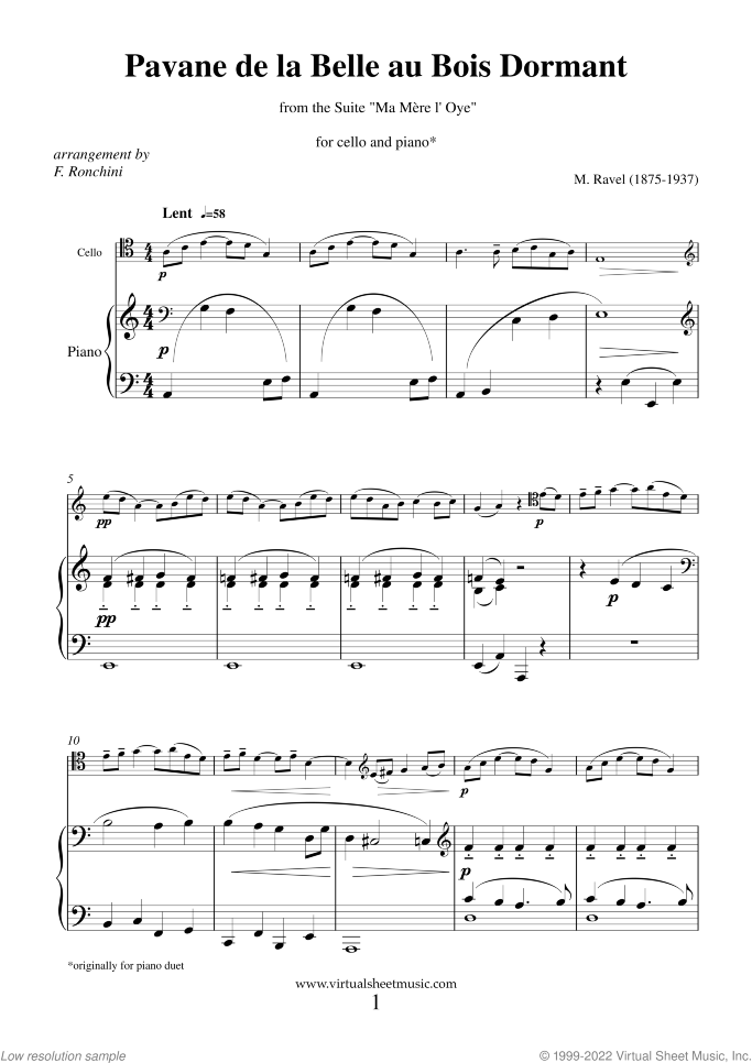 Pavane de la Belle au Bois Dormant - Pavane of the Sleeping Beauty sheet music for cello and piano by Maurice Ravel, classical score, advanced skill level