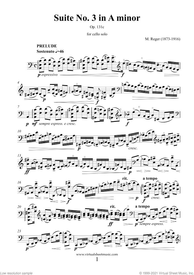 Suite No. 3 in A minor sheet music for cello solo by Max Reger, classical score, advanced skill level