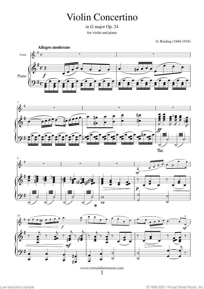 Concertino in G major Op.24 sheet music for violin and piano by Oskar Rieding, classical score, easy skill level