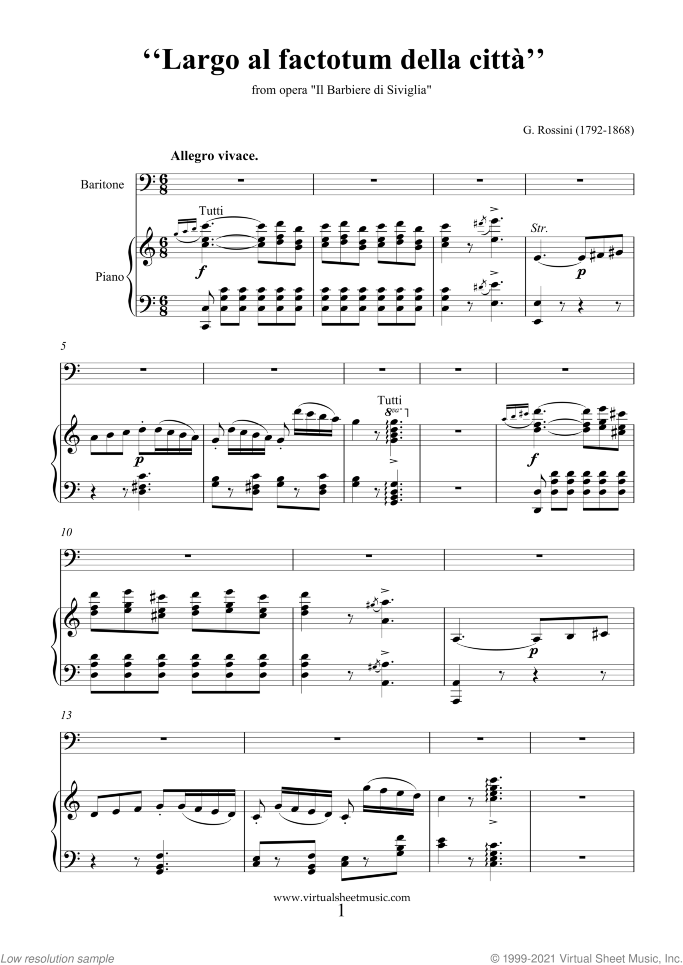 Largo al Factotum della citta' sheet music for baritone and piano by Gioacchino Rossini, classical score, intermediate skill level