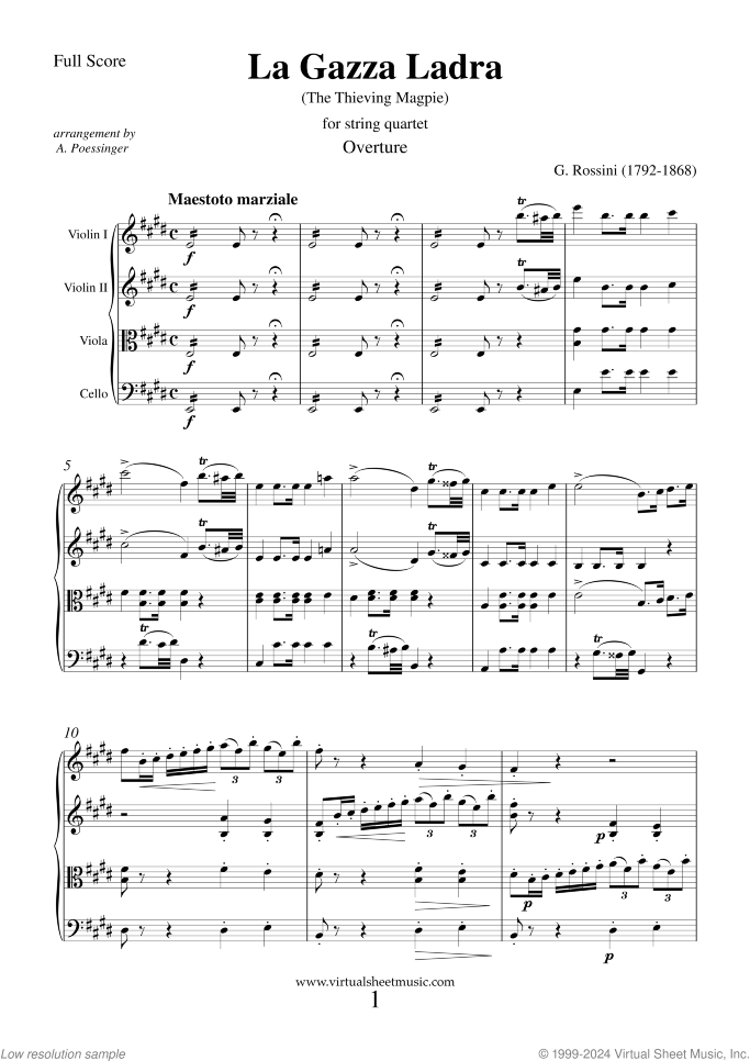 La Gazza Ladra - The Thieving Magpie sheet music for string quartet by Gioacchino Rossini, classical score, advanced skill level