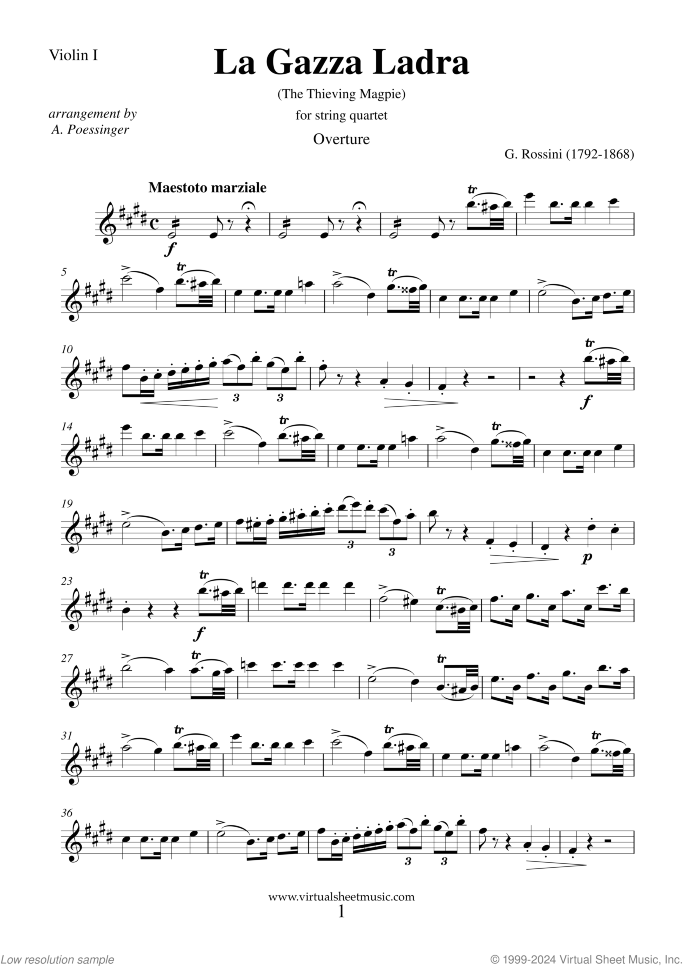 La Gazza Ladra - The Thieving Magpie sheet music for string quartet by Gioacchino Rossini, classical score, advanced skill level