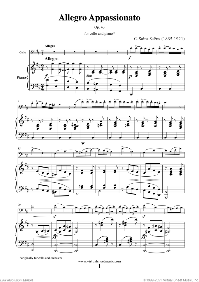 Allegro Appassionato Op.43 sheet music for cello and piano by Camille Saint-Saens, classical score, advanced skill level