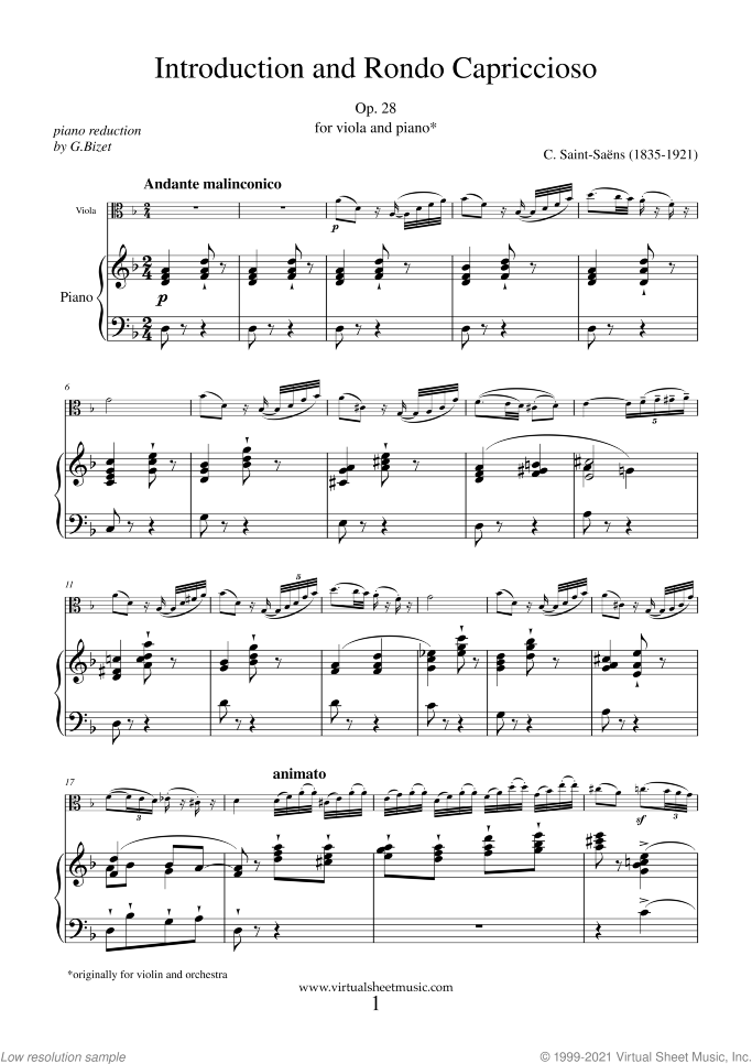 Introduction and Rondo Capriccioso sheet music for viola and piano by Camille Saint-Saens, classical score, advanced skill level