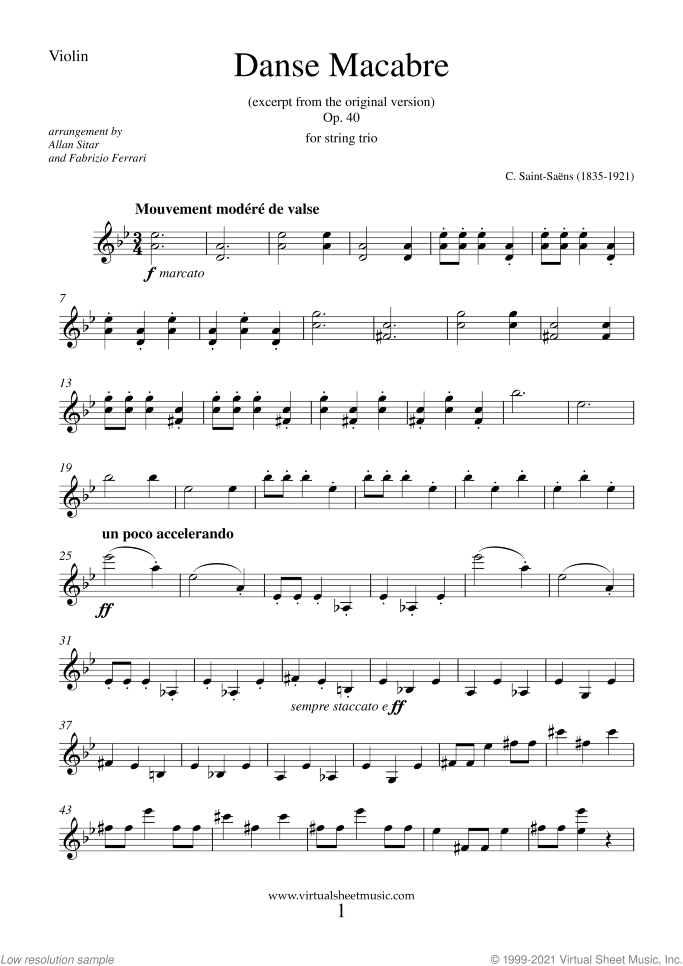 Danse Macabre (parts) sheet music for string trio by Camille Saint-Saens, classical score, easy skill level