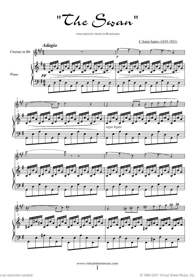 The Swan sheet music for clarinet and piano by Camille Saint-Saens, classical score, easy skill level