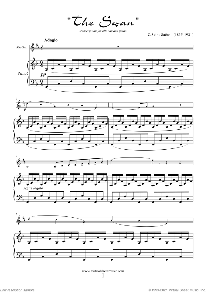 The Swan sheet music for alto saxophone and piano by Camille Saint-Saens, classical score, easy skill level