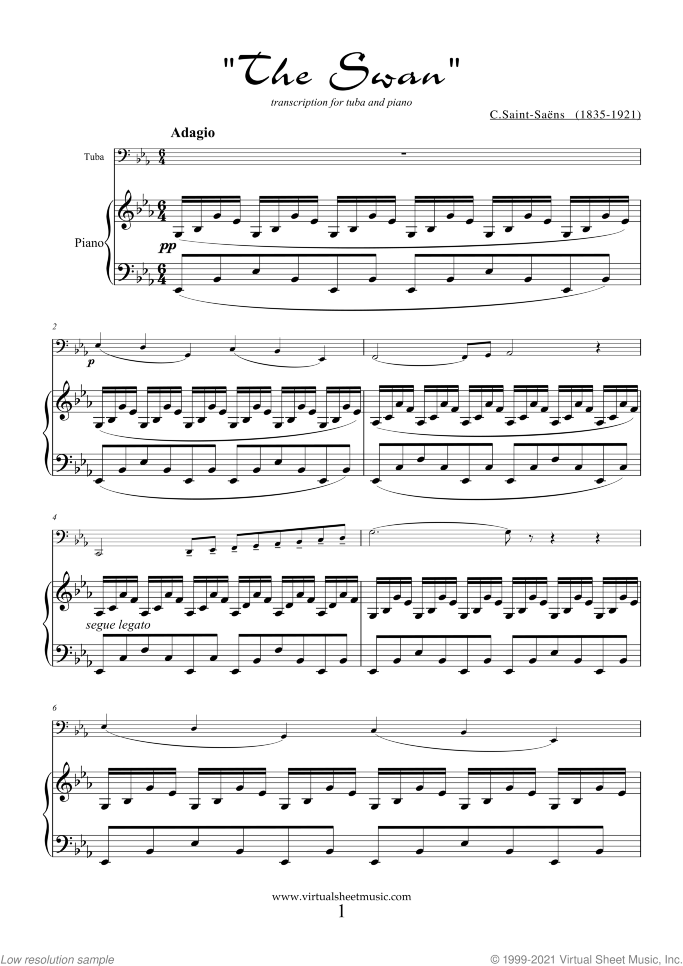 The Swan sheet music for tuba and piano by Camille Saint-Saens, classical score, easy/intermediate skill level