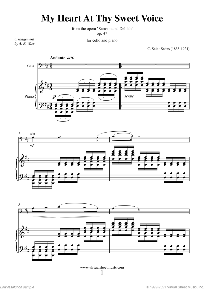 My Heart at Thy Sweet Voice sheet music for cello and piano by Camille Saint-Saens, classical score, intermediate/advanced skill level