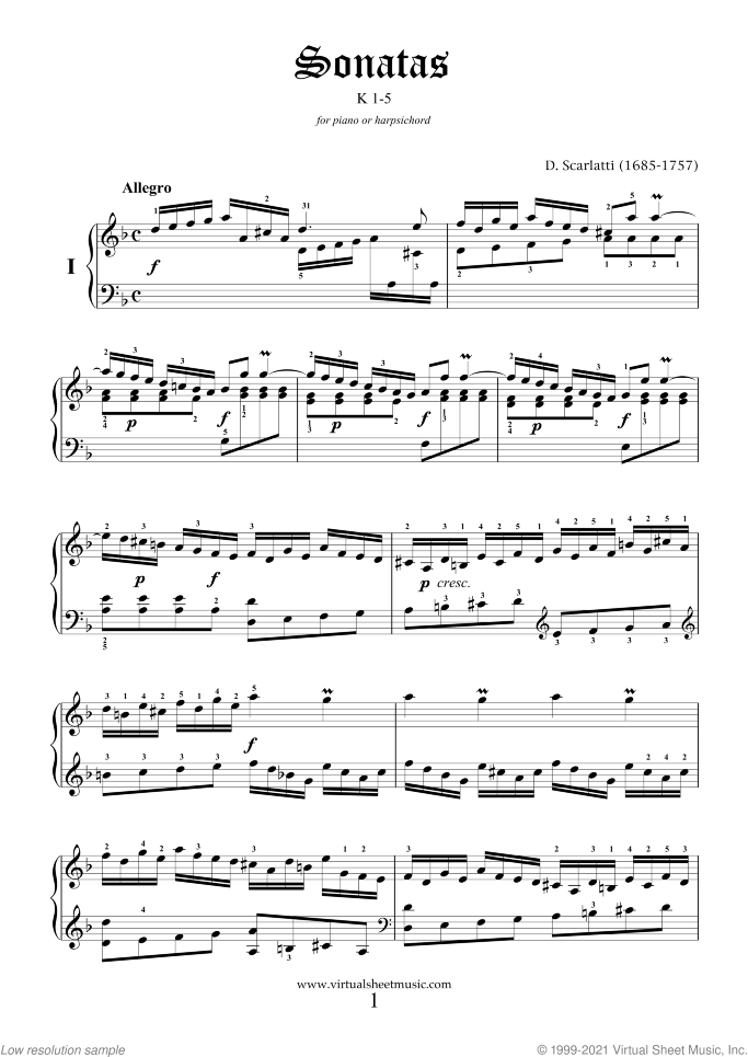 Sonatas K 1-5 sheet music for piano solo (or harpsichord) by Domenico Scarlatti, classical score, easy/intermediate piano (or harpsichord)