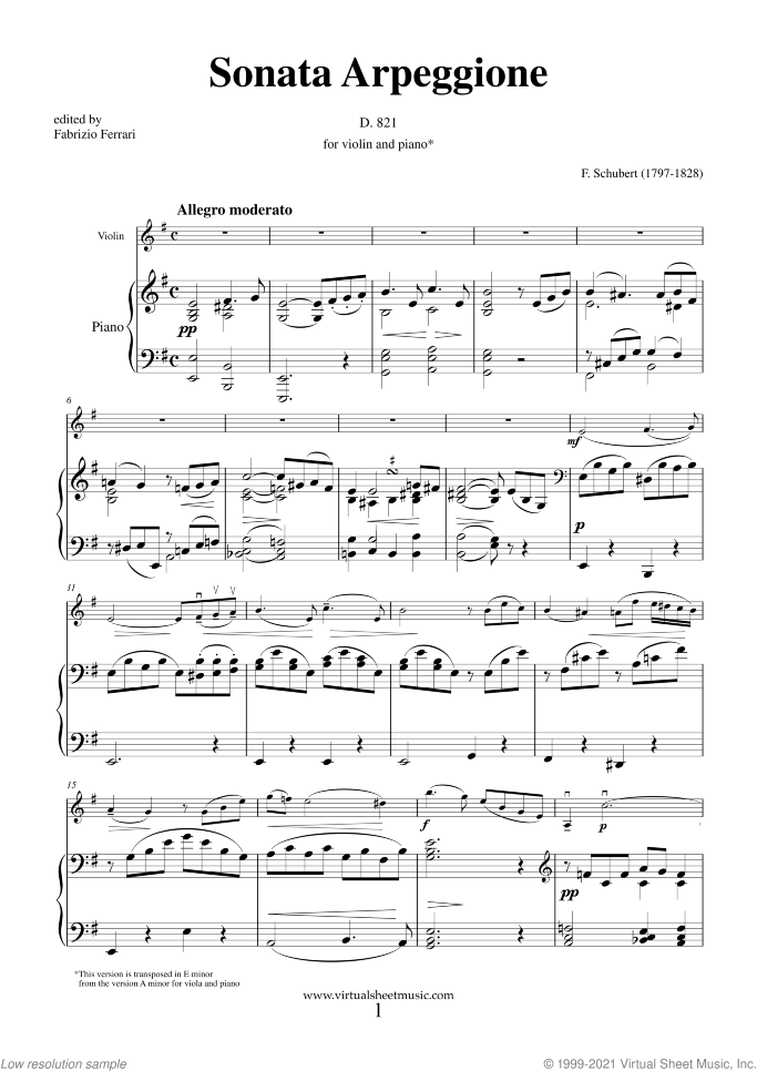 Sonata in A minor "Arpeggione" sheet music for violin and piano by Franz Schubert, classical score, advanced skill level