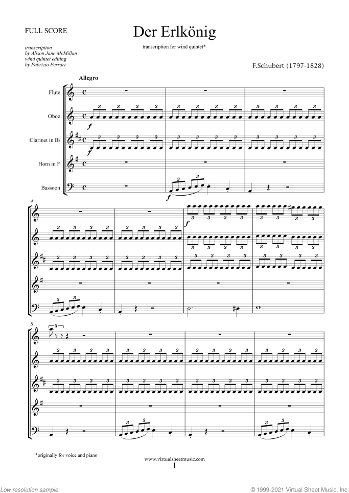 Der Erlkonig (f.score) sheet music for wind quintet by Franz Schubert, classical score, intermediate skill level