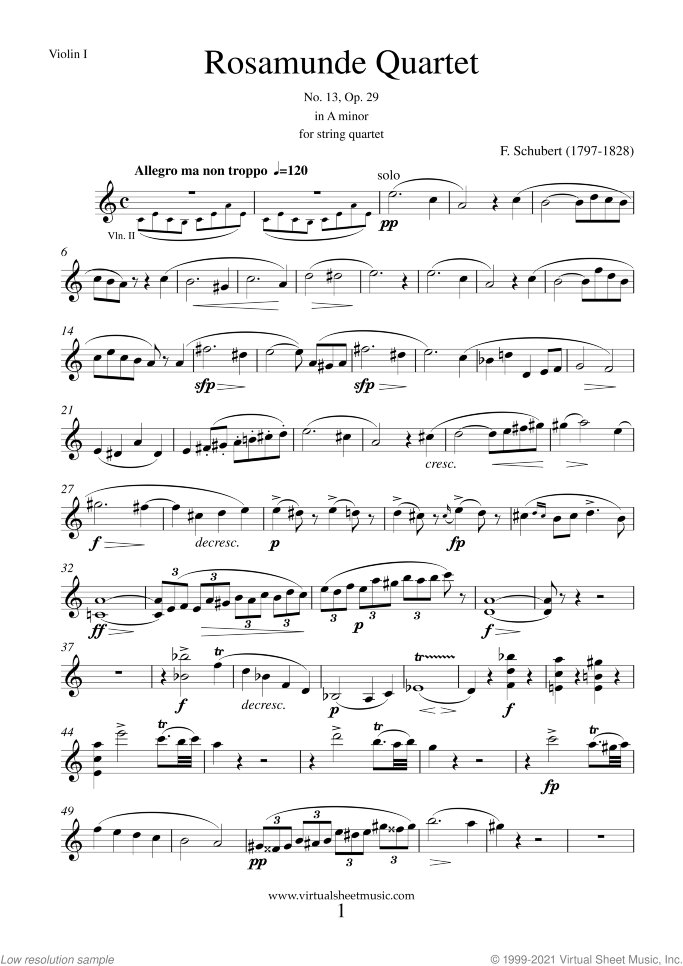 Rosamunde Quartet sheet music for string quartet by Franz Schubert, classical score, advanced skill level