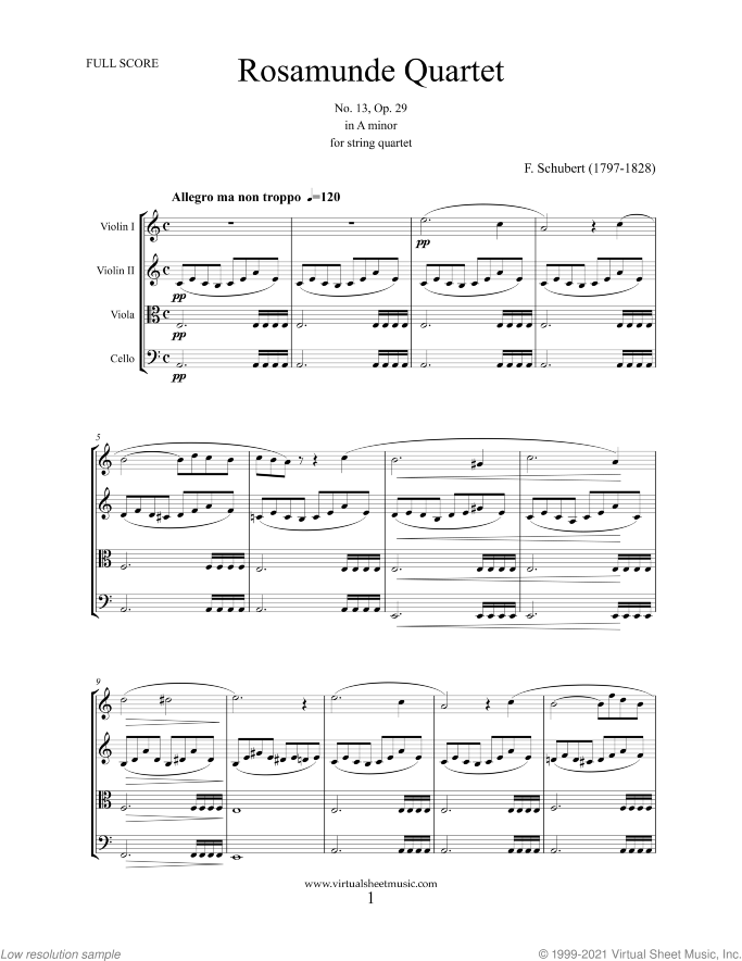 Rosamunde Quartet Op. 29 No. 13  (f.score) sheet music for string quartet by Franz Schubert, classical score, advanced skill level