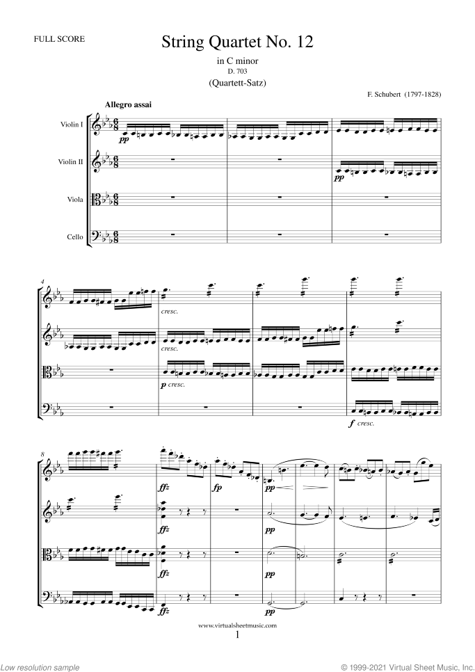 Quartet No. 12 in C minor (f.score) sheet music for string quartet by Franz Schubert, classical score, advanced skill level