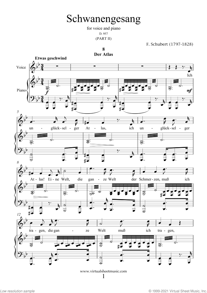 Schwanengesang D.957 (part II) sheet music for voice and piano by Franz Schubert, classical score, intermediate skill level