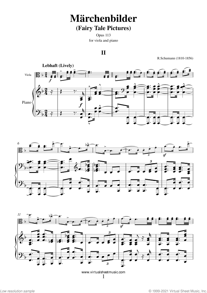 Marchenbilder (Fairy Tale Pictures) sheet music for viola and piano by Robert Schumann, classical score, intermediate skill level