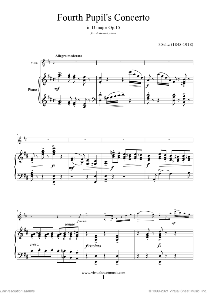 Fourth Pupil's Concerto in D major Op.15 sheet music for violin and piano by Friedrich Seitz, classical score, intermediate/advanced skill level