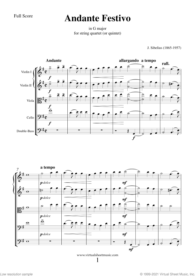 Andante Festivo (f.score) sheet music for string quartet (or quintet) by Jean Sibelius, classical score, intermediate skill level