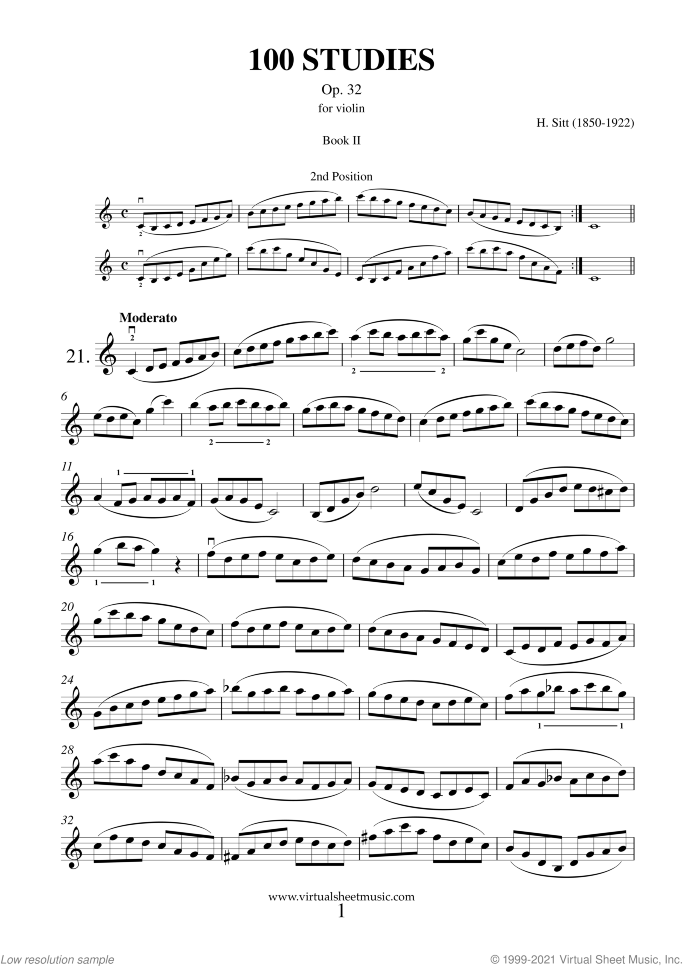Studies sheet music for violin solo by Hans Sitt, classical score, easy/intermediate skill level